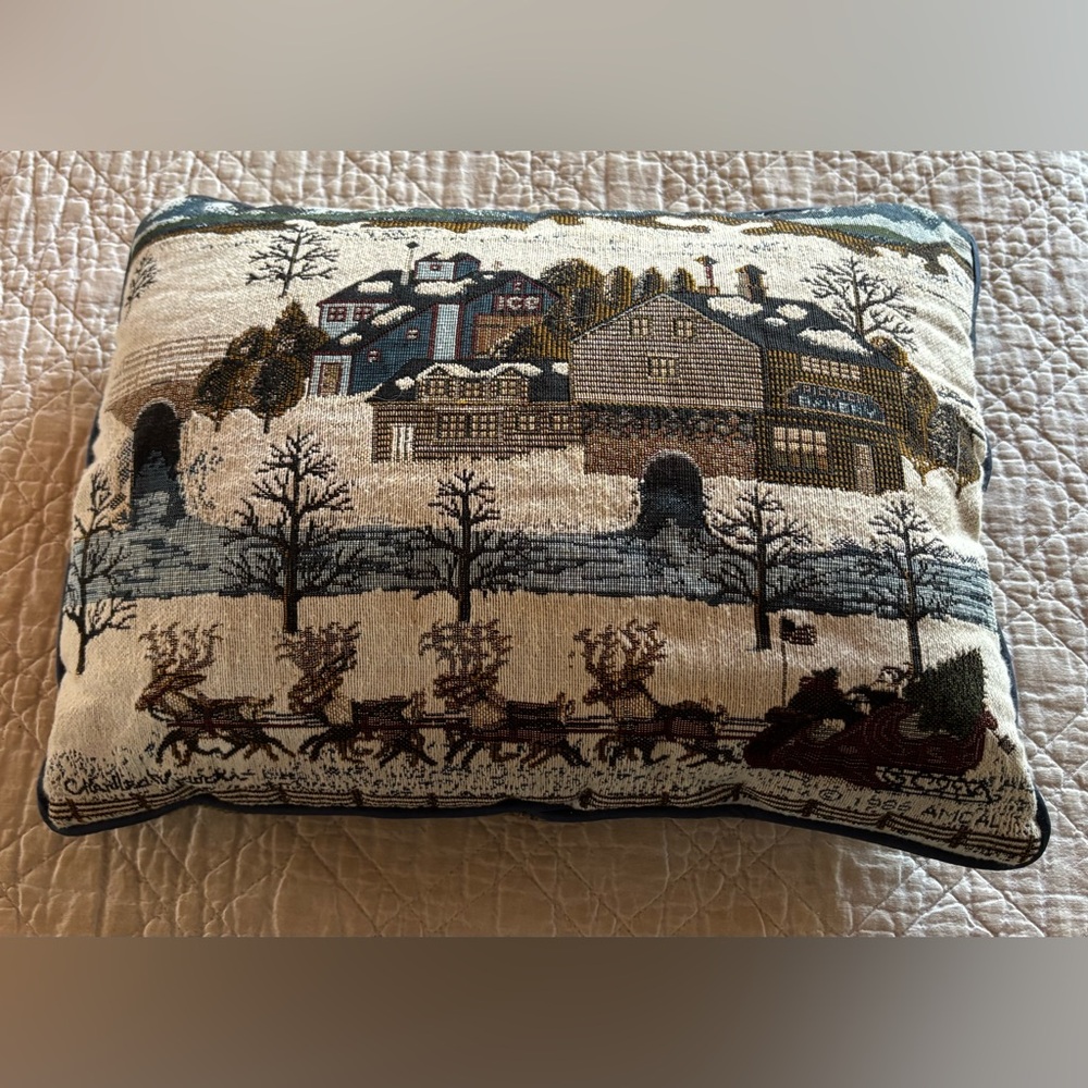 VTG 1986 Tapestry Charles Wysocki Pillow Winter Scene w/Santa & Reindeer FolkArt